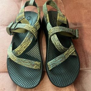 Chaco Kids Black Sandals with Green and Yellow Woven Straps